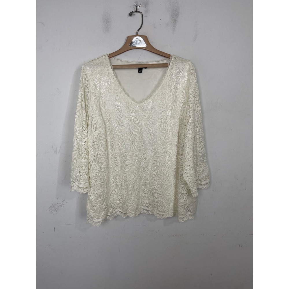 Roz & Ali Ivory Floral Lace Sequin V-Neck 3/4 Sleeve Blouse Top Plus Size‎ 3X